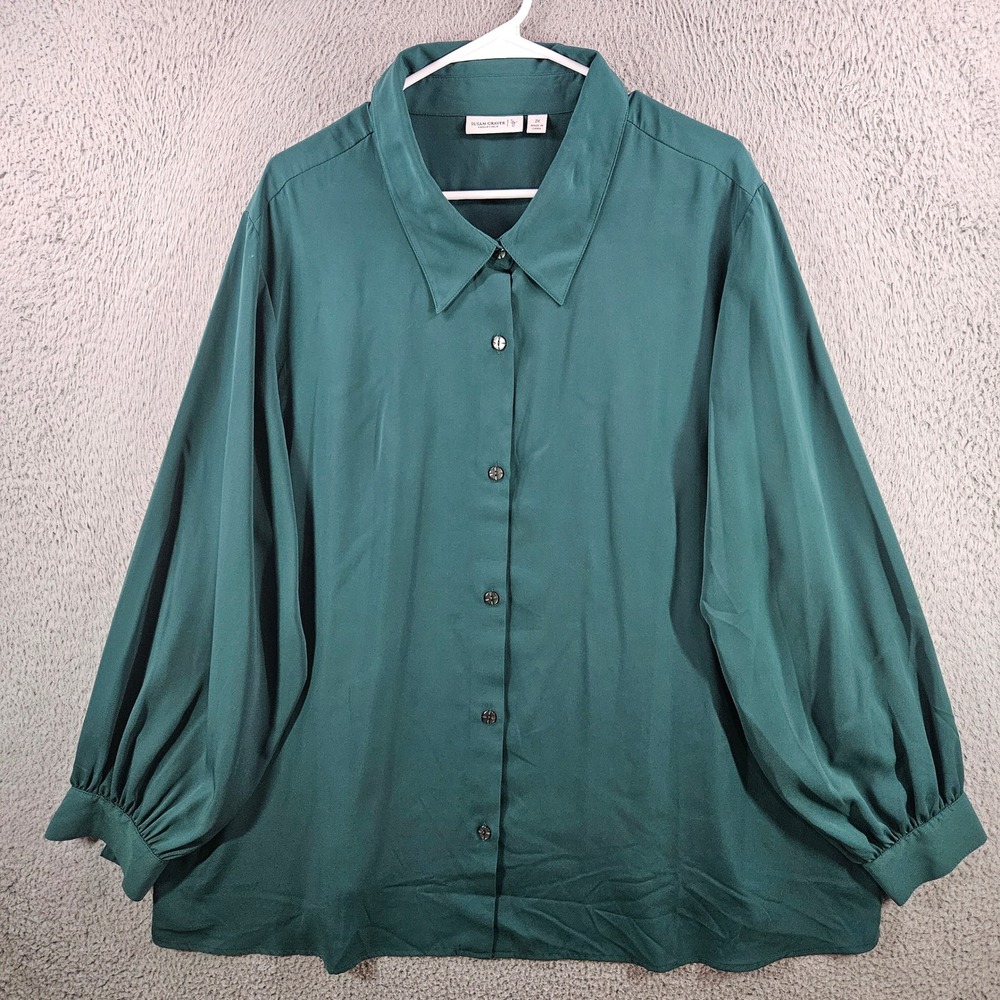 Susan Graver Essentials Womens 2X Teal Green‎ Button Down Bishop Sleeve Blouse